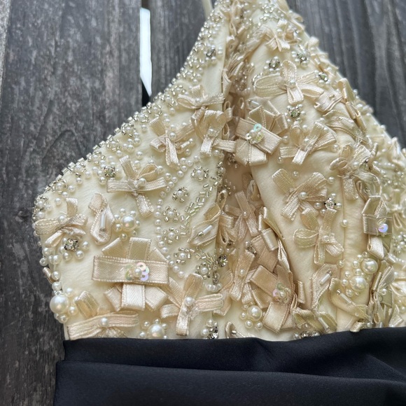 JS Collection Black and Cream Pearl Beaded Full length Gown - Picture 3 of 13